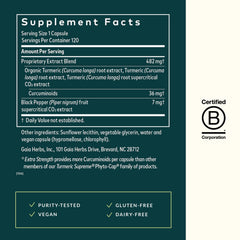 Bottle pour detail highlights convenient daily servings of Gaia Herbs Turmeric Supreme.