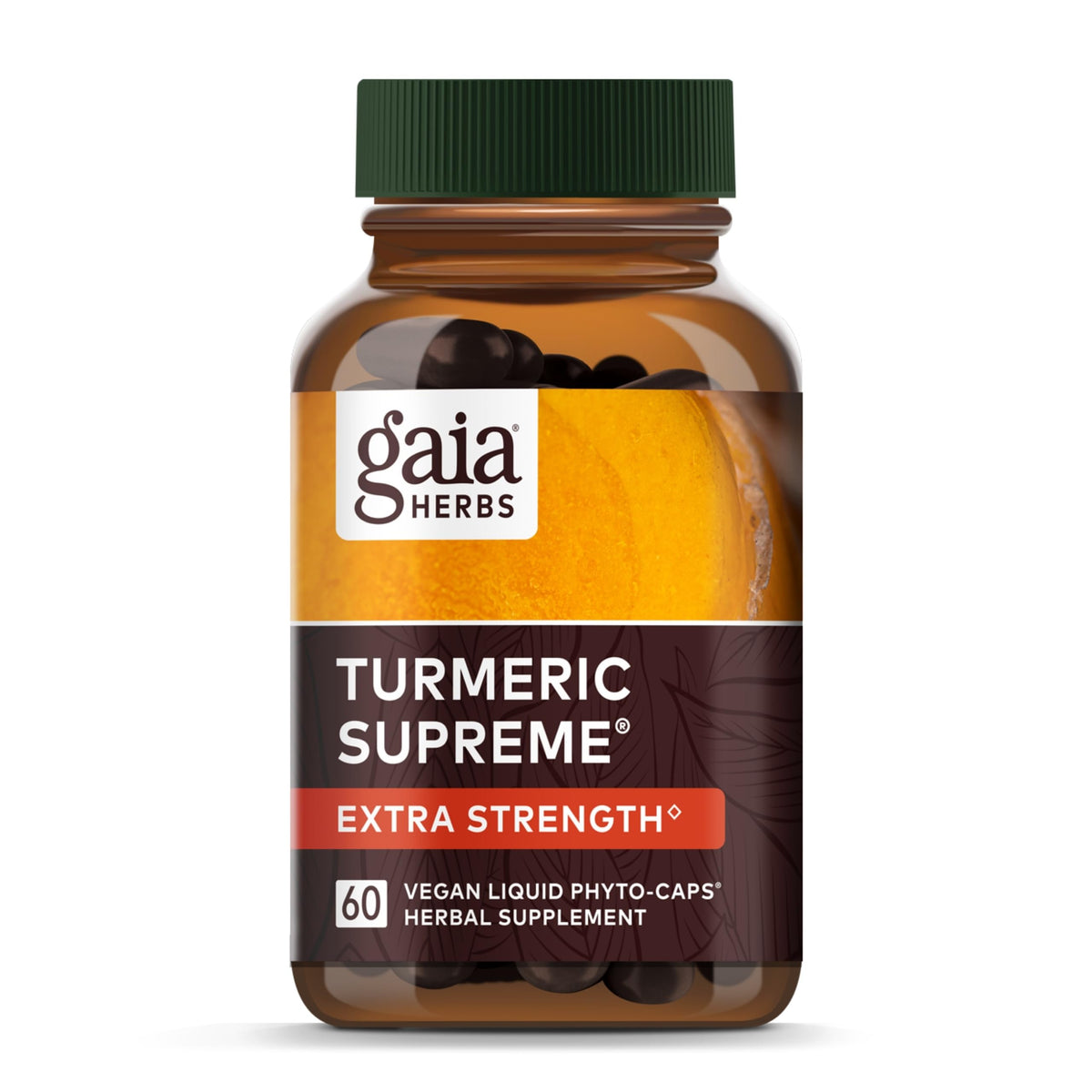Gaia Herbs Turmeric Supreme Extra Strength bottle on display for daily support
