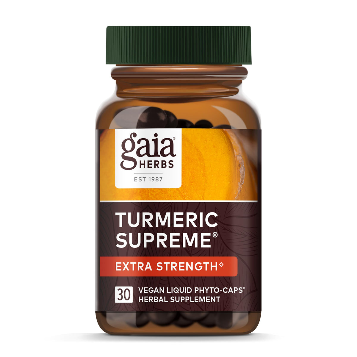 Gaia Herbs Turmeric Supreme Extra Strength bottle showing high-potency turmeric blend for mobility support