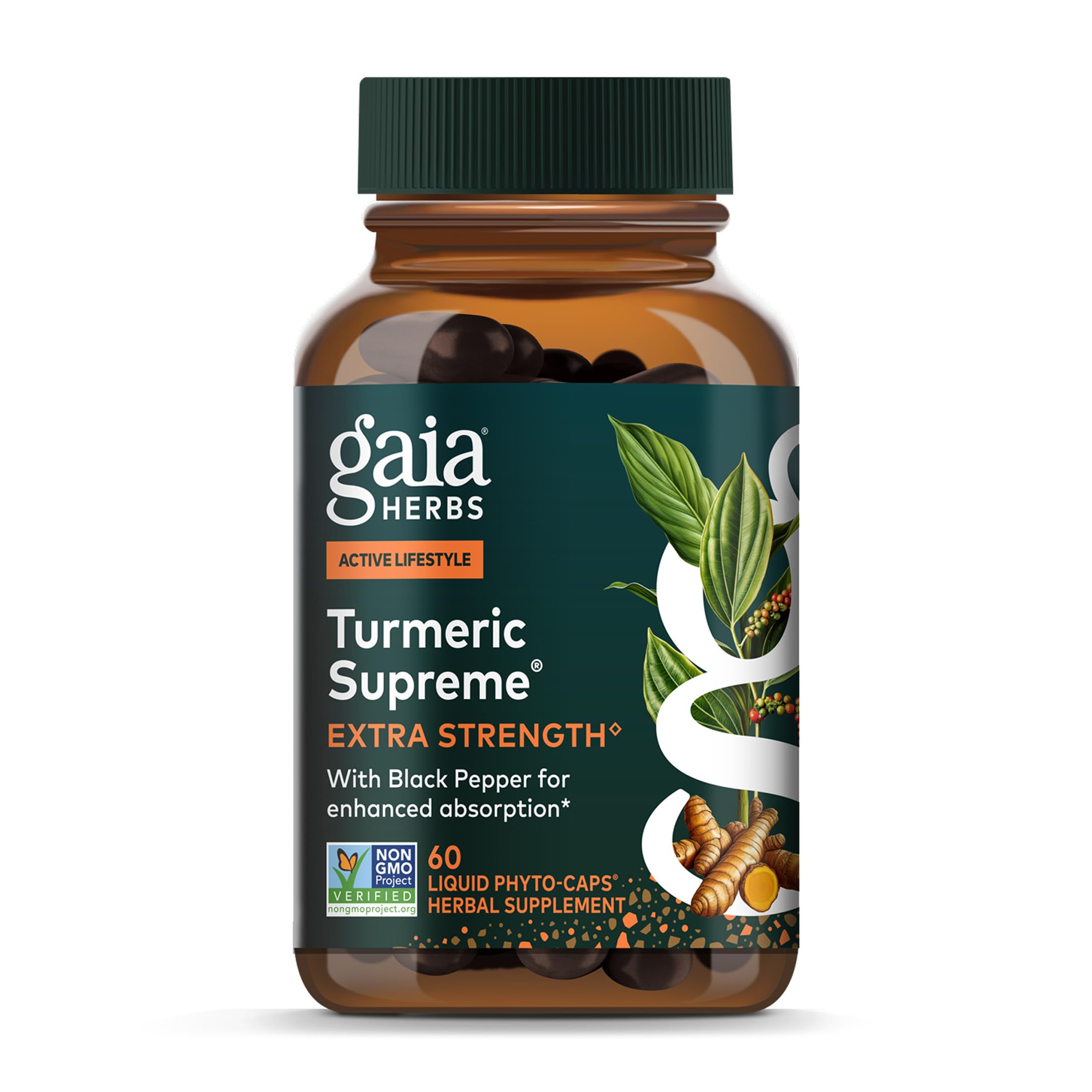 Gaia Herbs front bottle view showing label and organic turmeric benefits