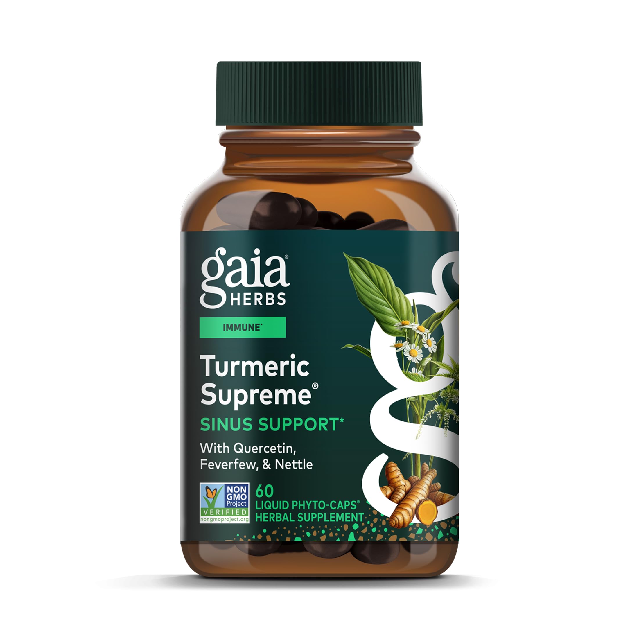 Gaia Herbs front packaging showing supplement benefits and vegan Phyto-Caps