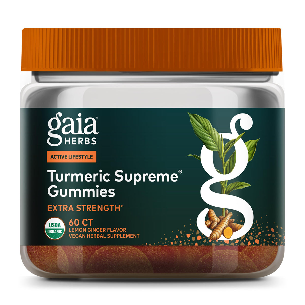 Gaia Herbs Turmeric Supreme Gummies bottle front with lemon-ginger flavor for daily wellness.