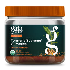 Gaia Herbs Turmeric Supreme Gummies bottle front with lemon-ginger flavor for daily wellness.