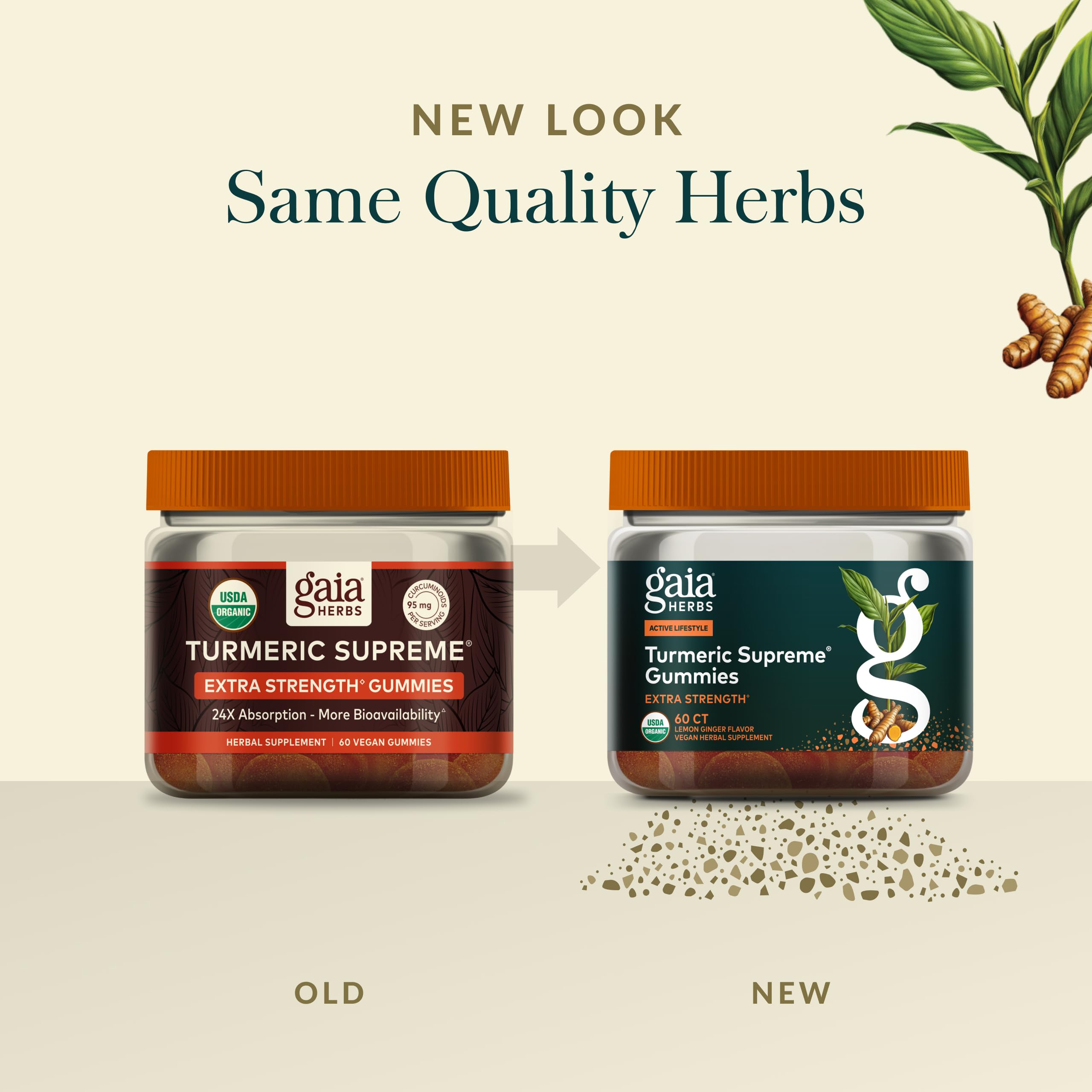 Organic ingredients emphasis for Gaia Herbs Turmeric Supreme Gummies.