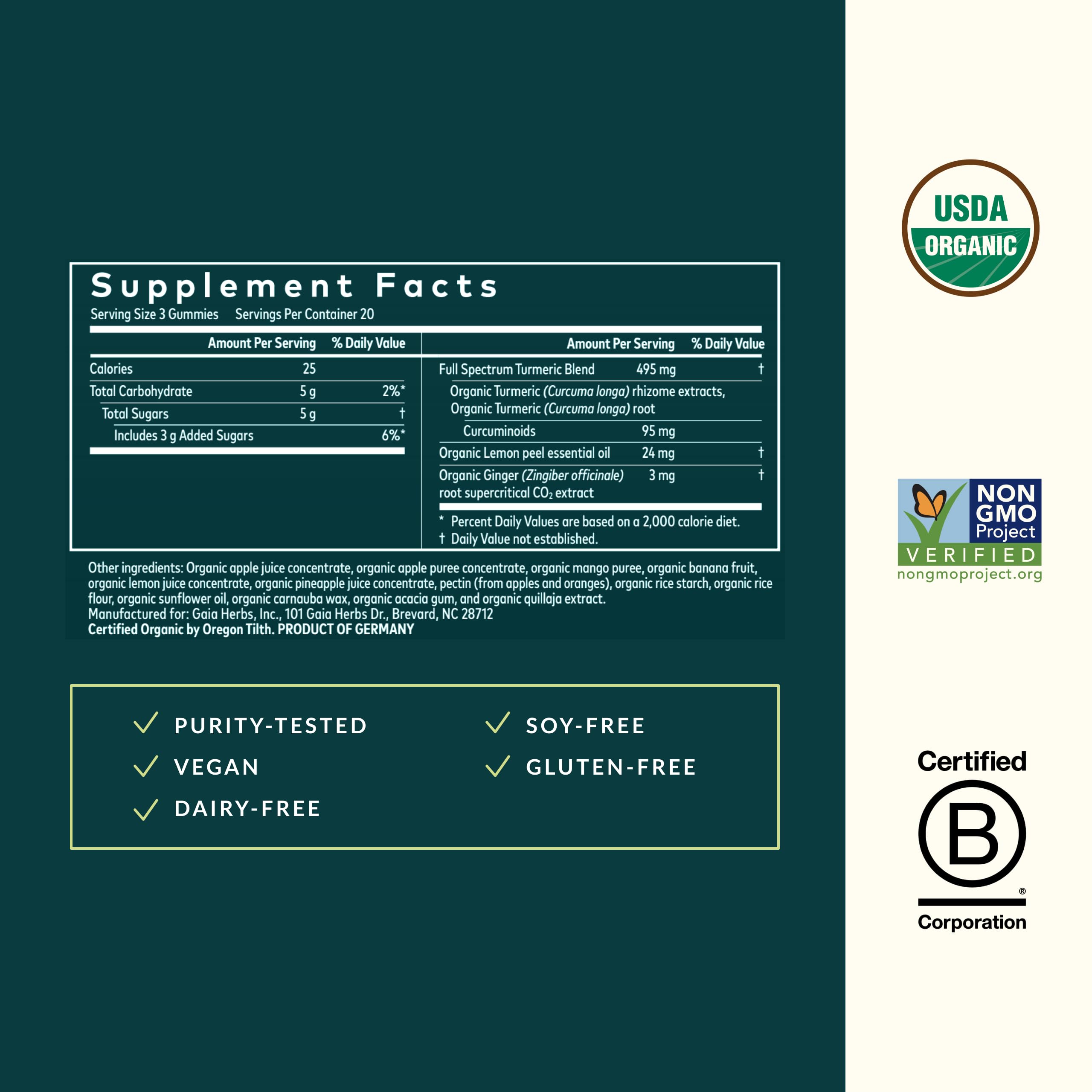Serving size graphic shows three gummies per serving for Gaia Herbs Turmeric Supreme.