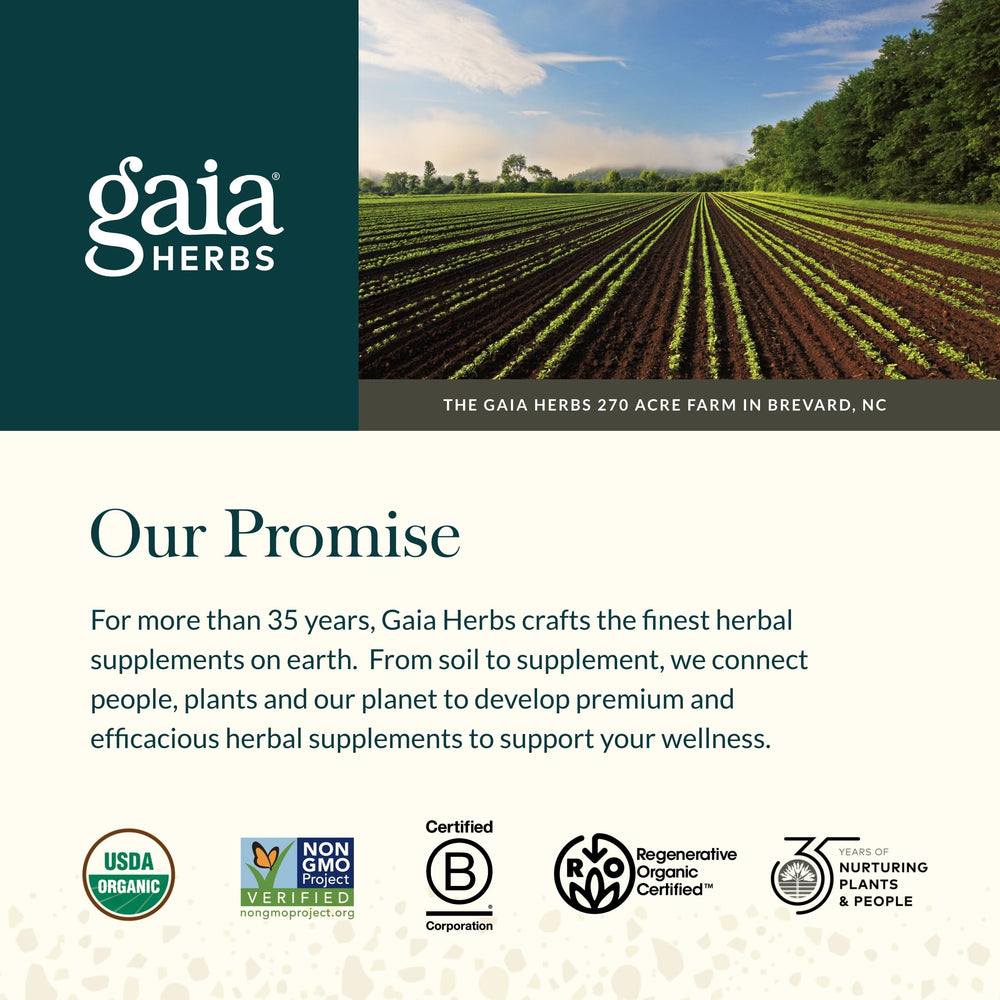 Heritage image displays 35 years alongside the Gaia Herbs Turmeric Supreme product.
