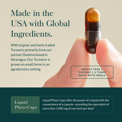 Label close-up shows turmeric curcumin blend and black pepper for absorption.