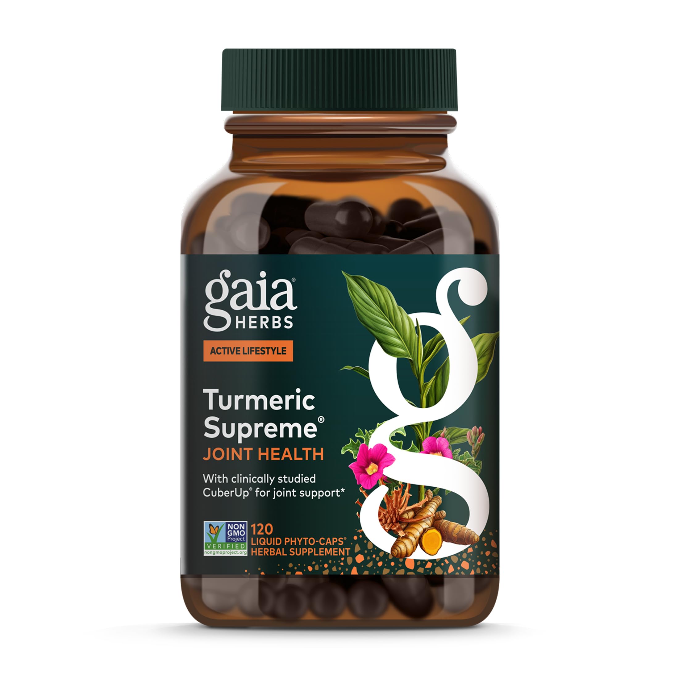 Gaia Herbs Turmeric Supreme Joint Health bottle showing the joint health formula for daily use