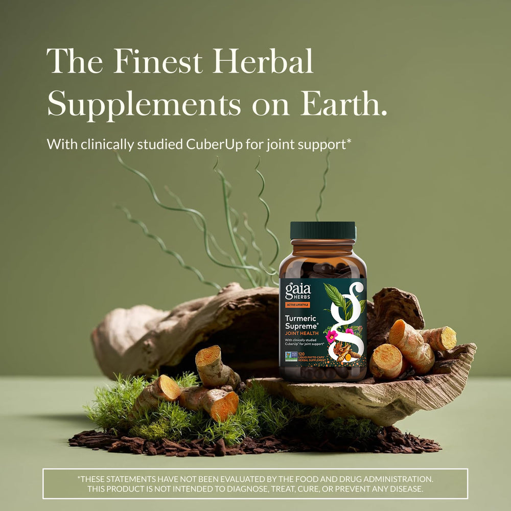 Gaia Herbs Turmeric Supreme Joint Health capsules ready for daily intake
