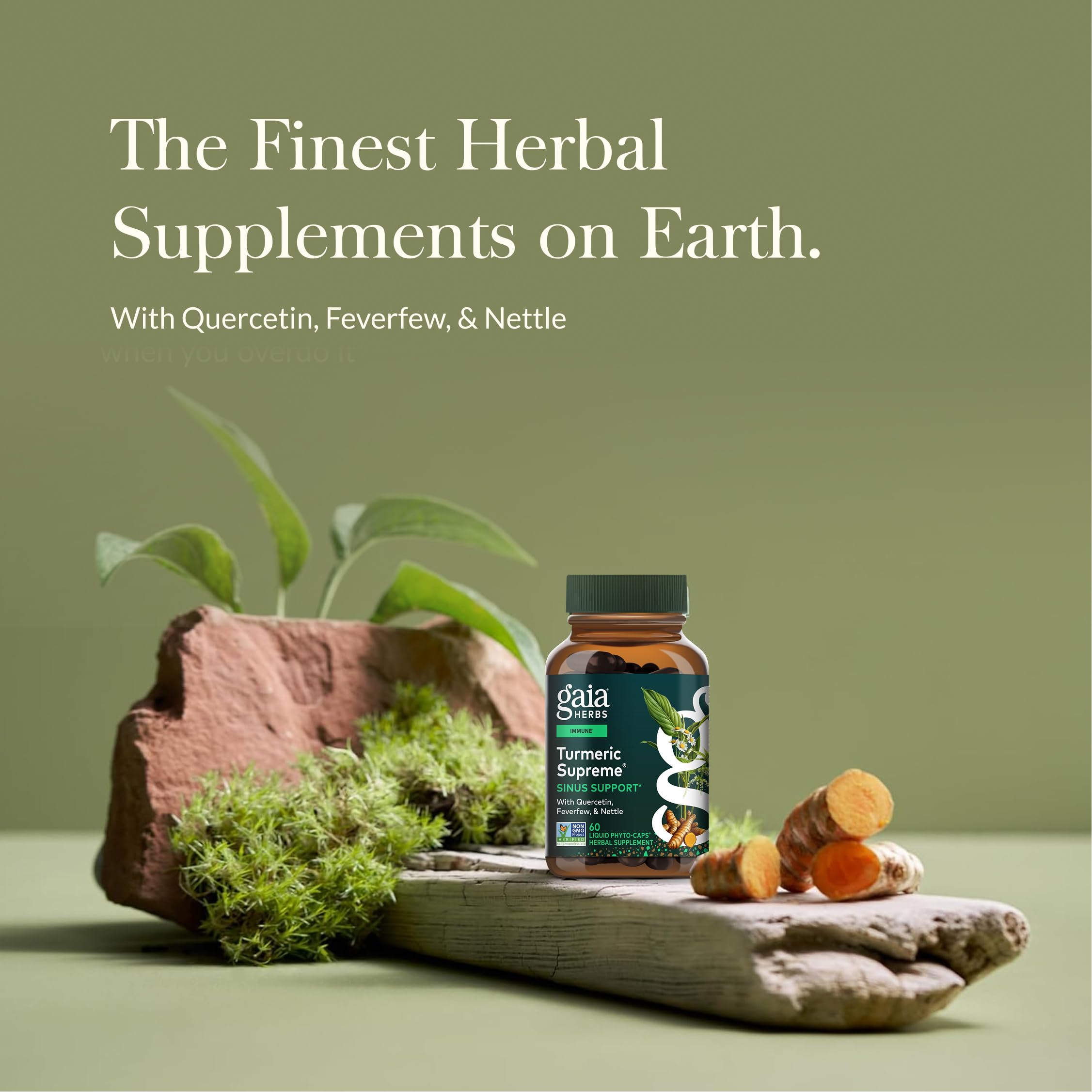 Gaia Herbs Turmeric Supreme Sinus Support capsules close-up for easy breathing support
