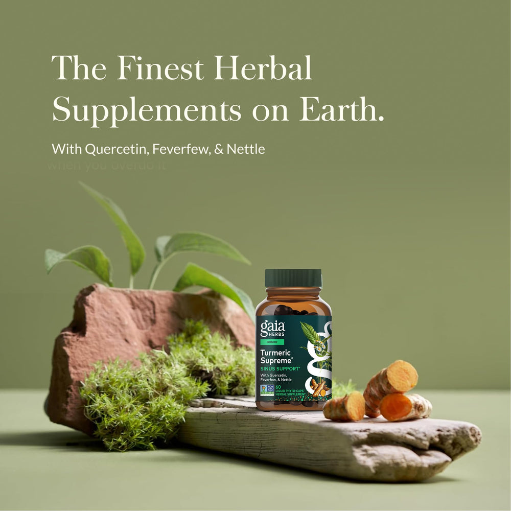 Gaia Herbs Turmeric Supreme Sinus Support capsules close-up for easy breathing support