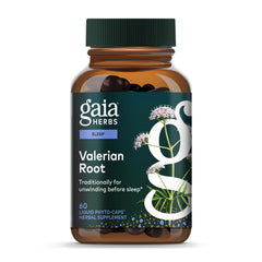 Gaia Herbs Valerian Root bottle front for calm evenings and sleep support.