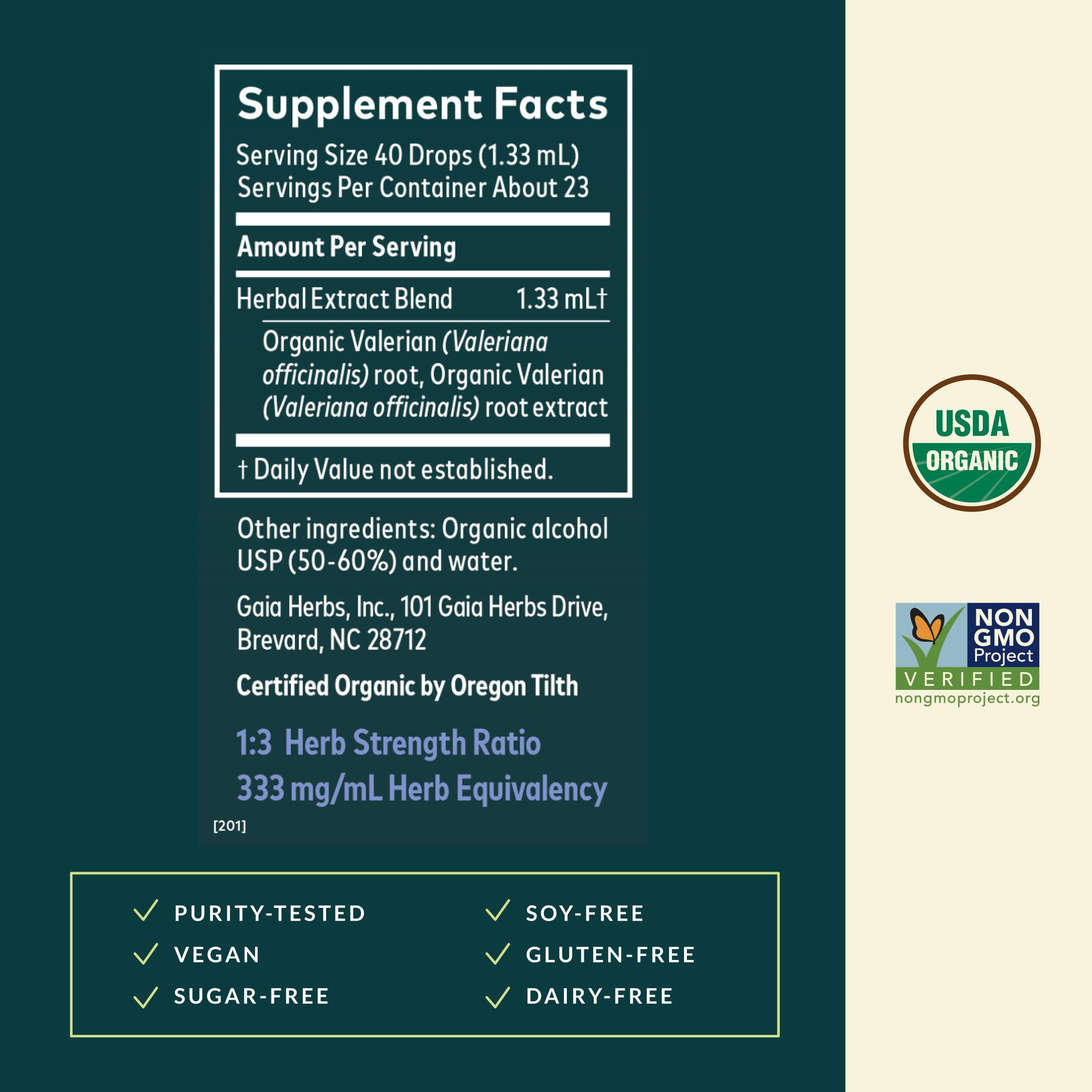 Gaia Herbs Valerian Root label close-up highlighting organic sourcing.