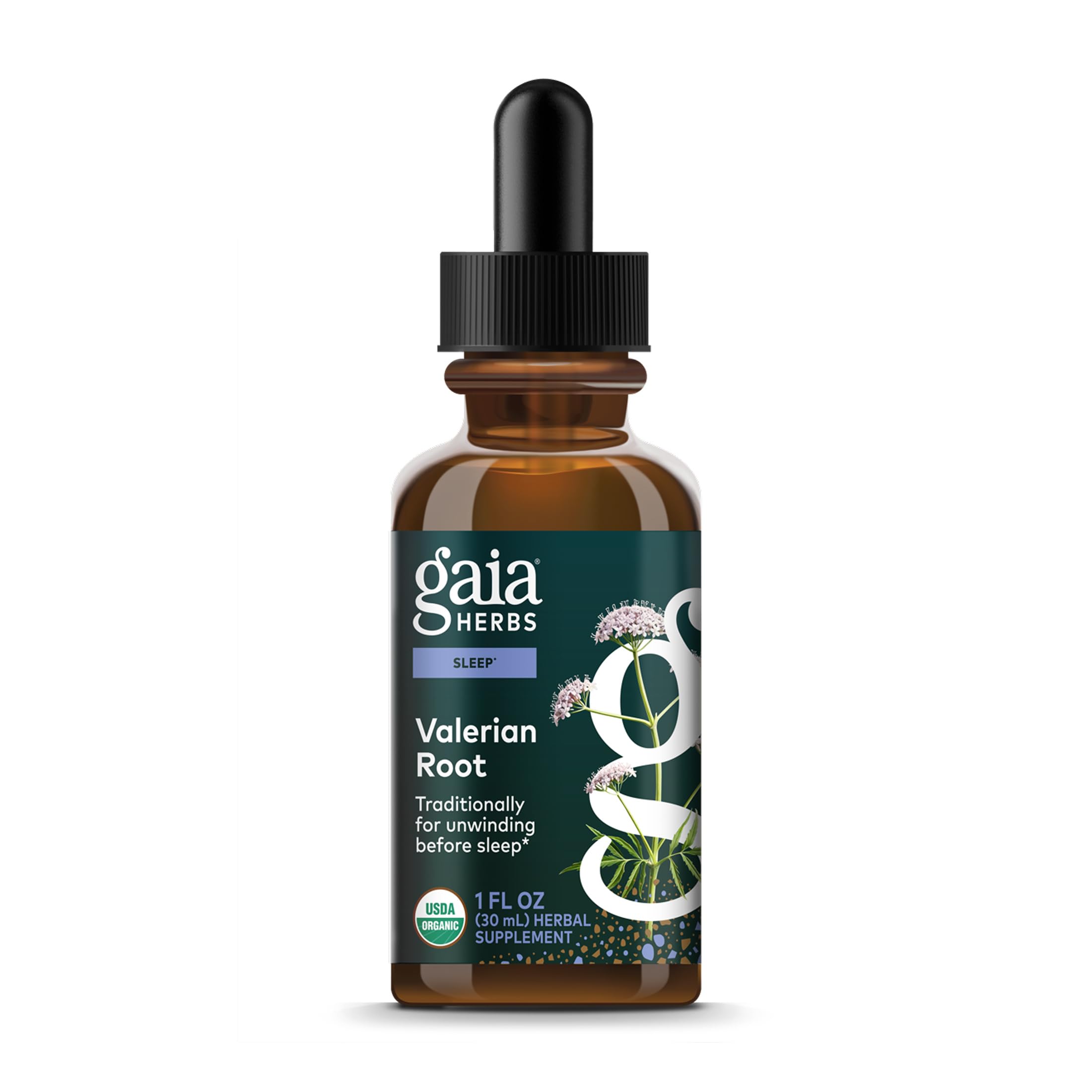 Gaia Herbs Valerian Root liquid bottle showing organic relaxation support.