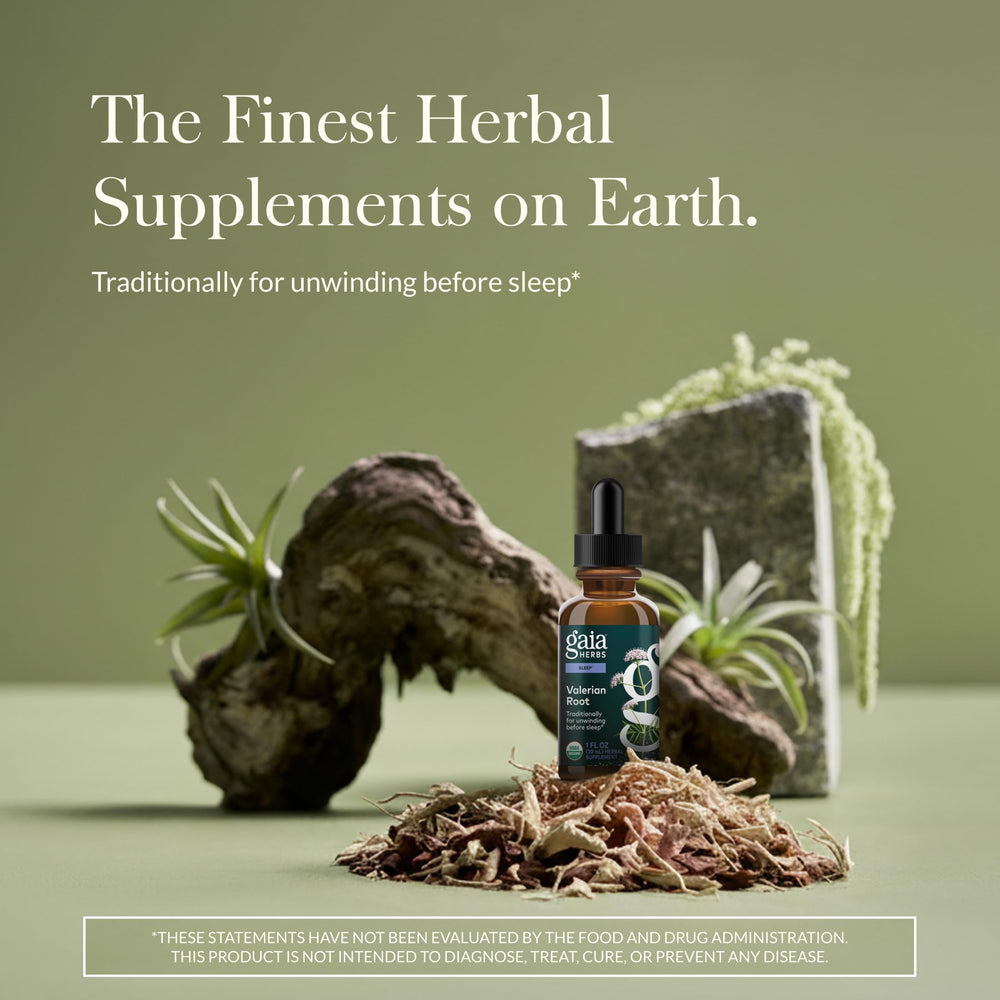 Gaia Herbs Valerian Root pour spout for easy bedtime dosing.