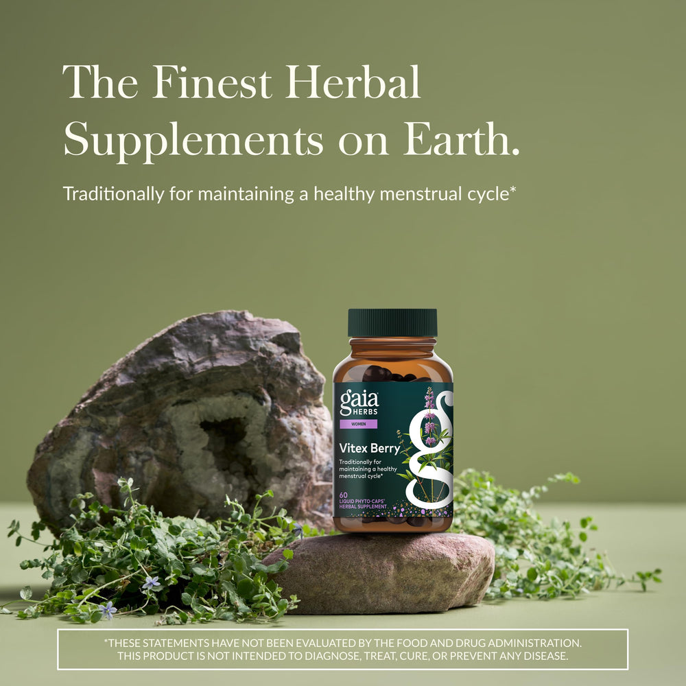 Vitex berries close-up; Gaia Herbs highlights traditional herbal source