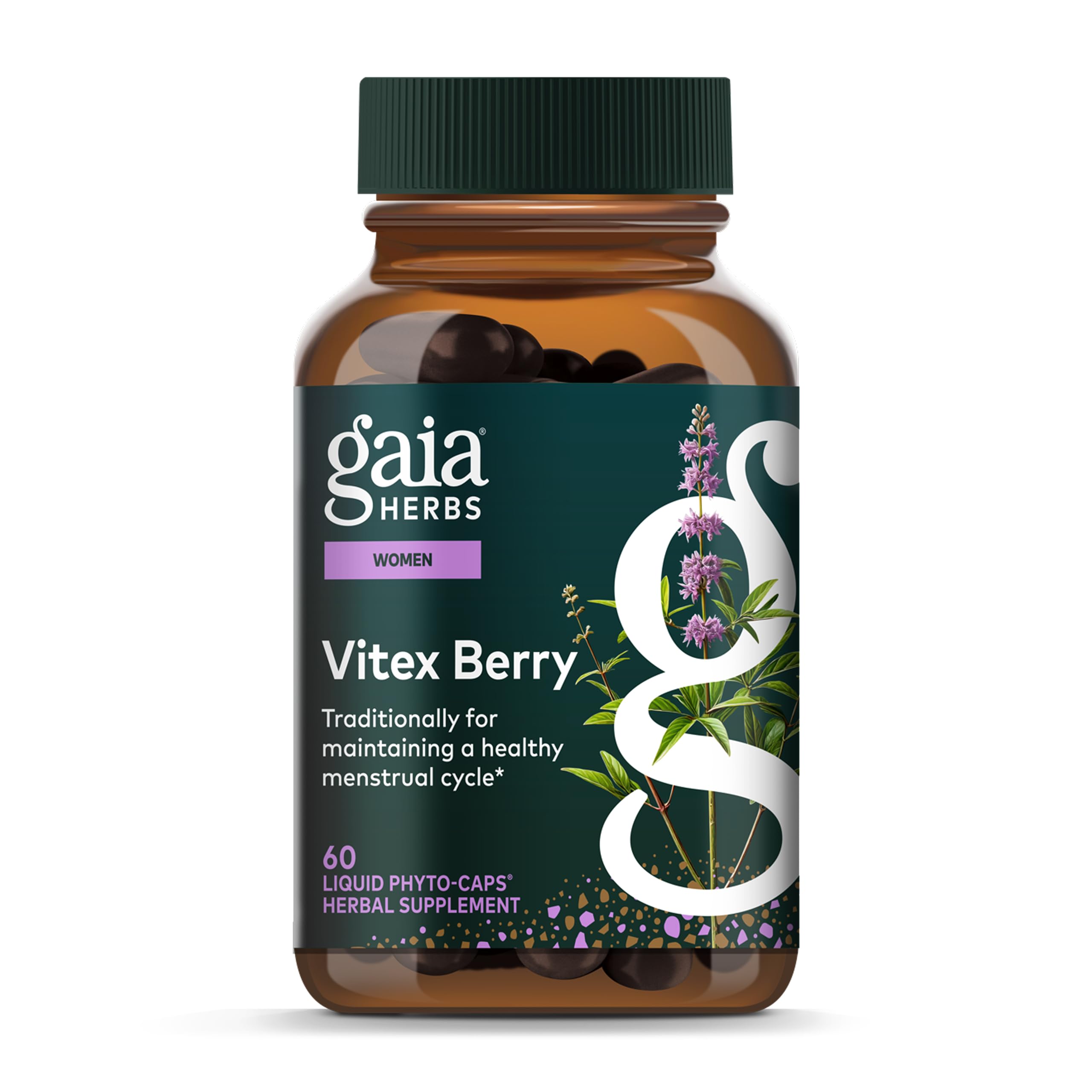 Gaia Herbs Vitex Berry bottle front; supports hormone balance for women