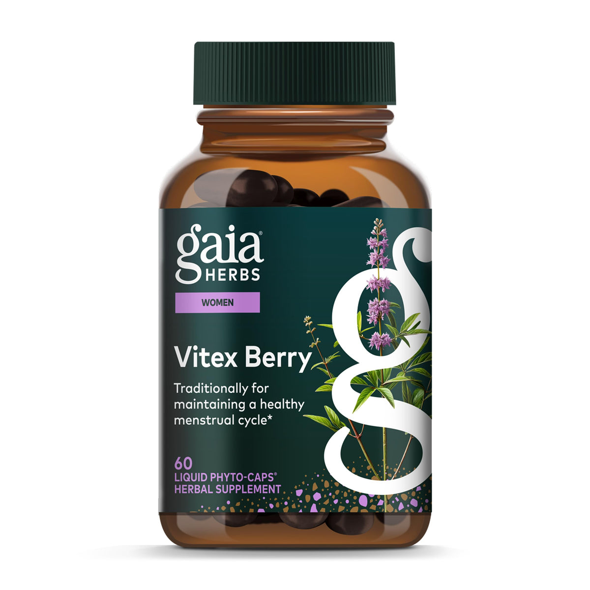 Gaia Herbs Vitex Berry bottle front; supports hormone balance for women