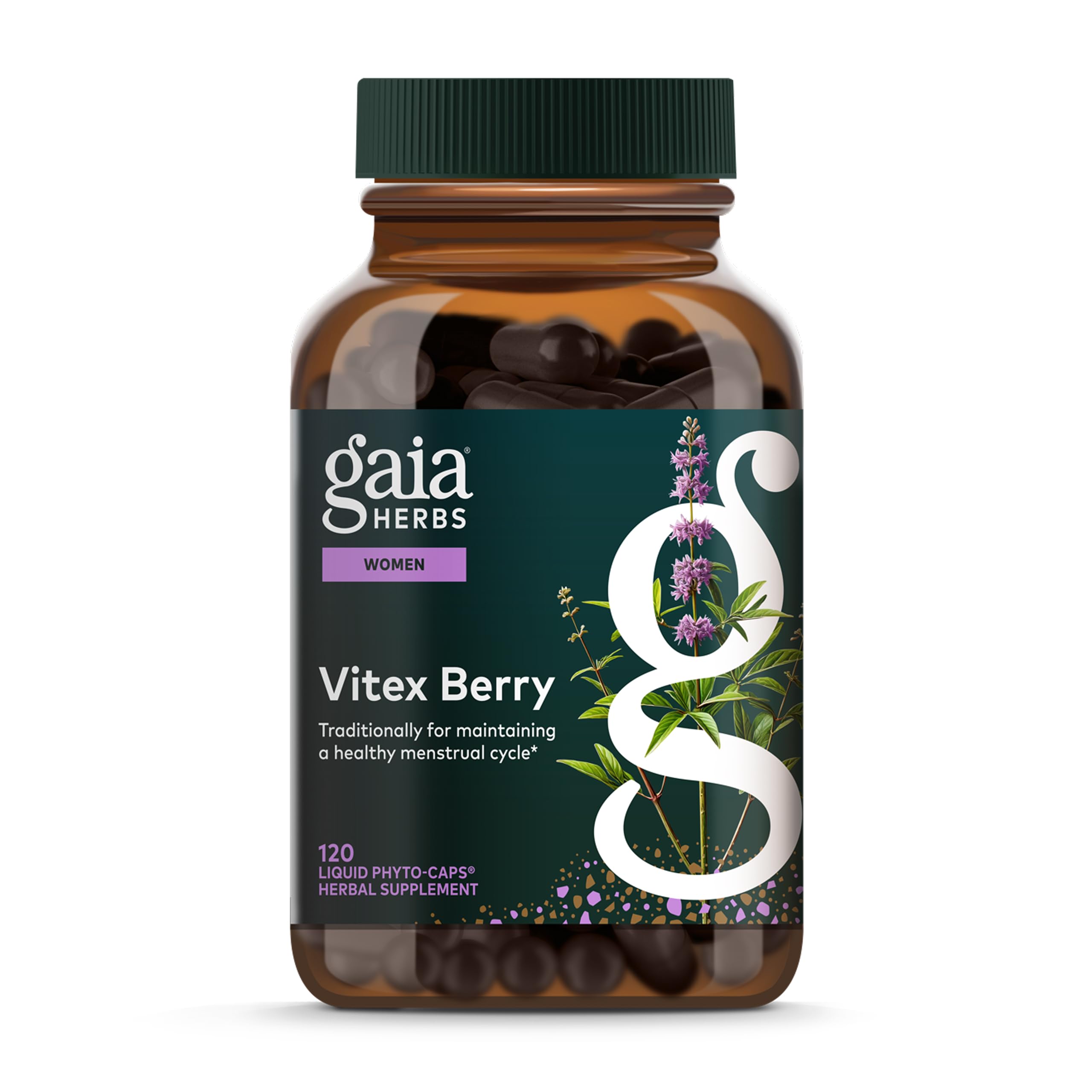 Gaia Herbs Vitex Berry bottle label showcasing vegan liquid phyto-caps for daily use