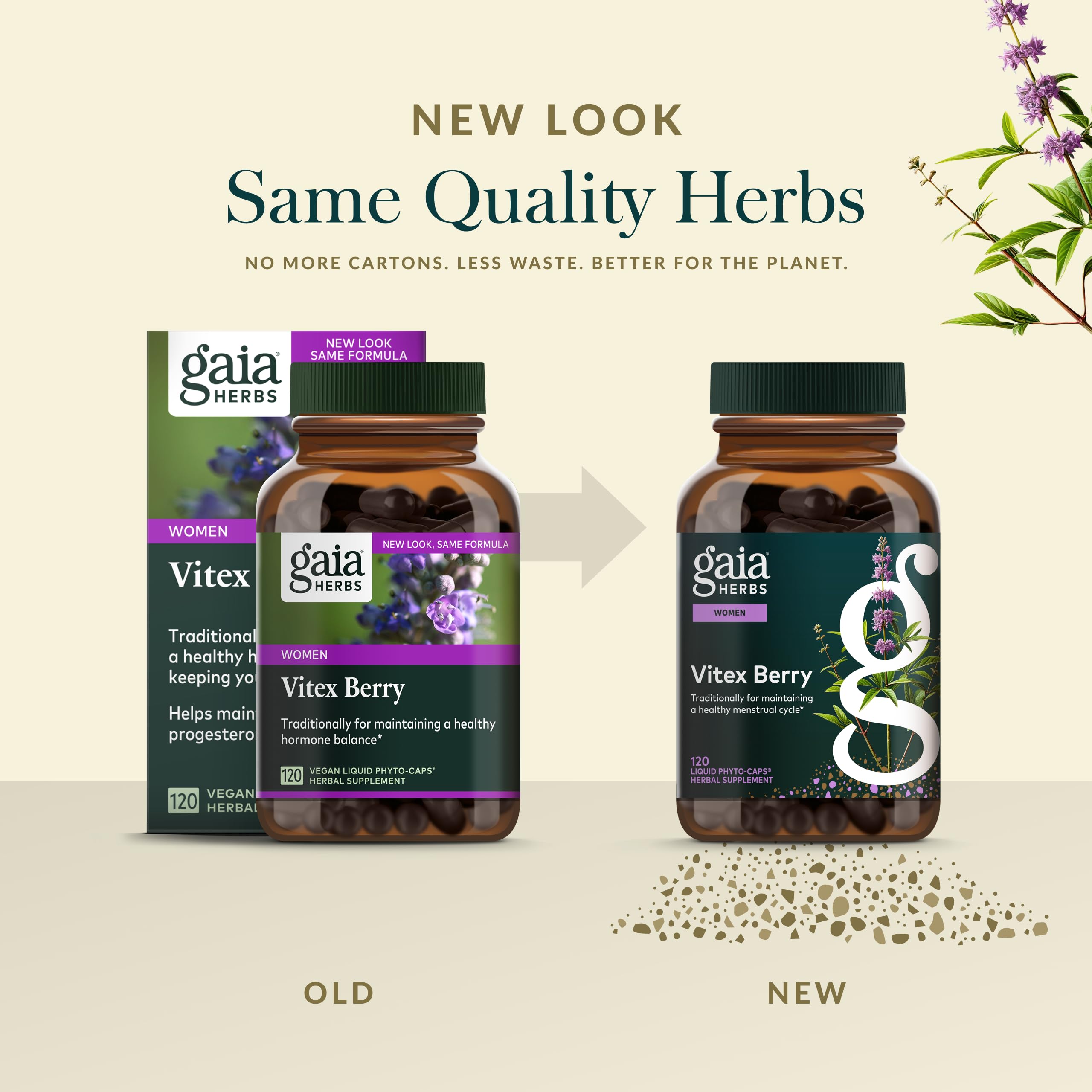 Gaia Herbs Vitex Berry packaging recycled label indicating sustainability