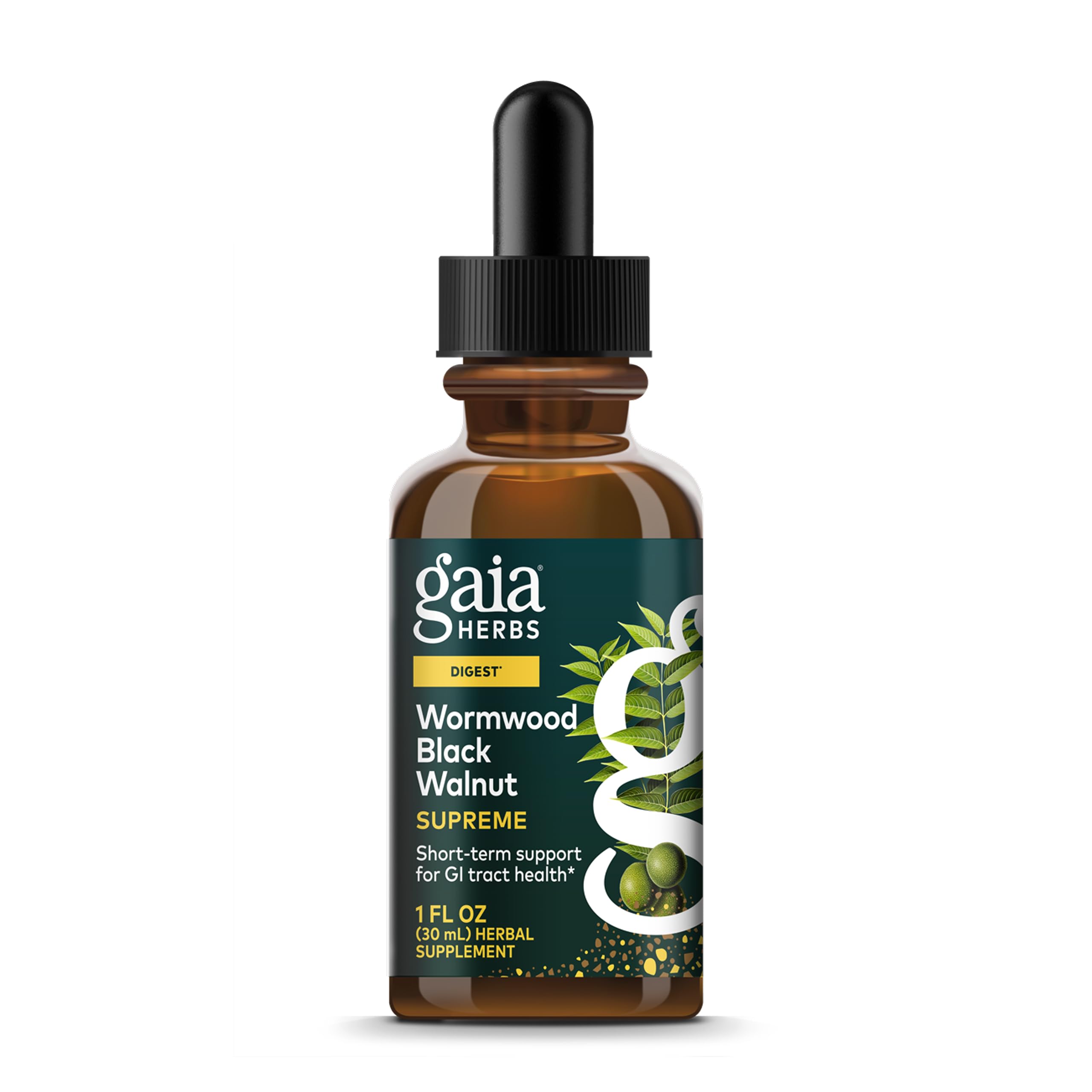 Gaia Herbs Wormwood Black Walnut Supreme bottle label highlights digestive support.