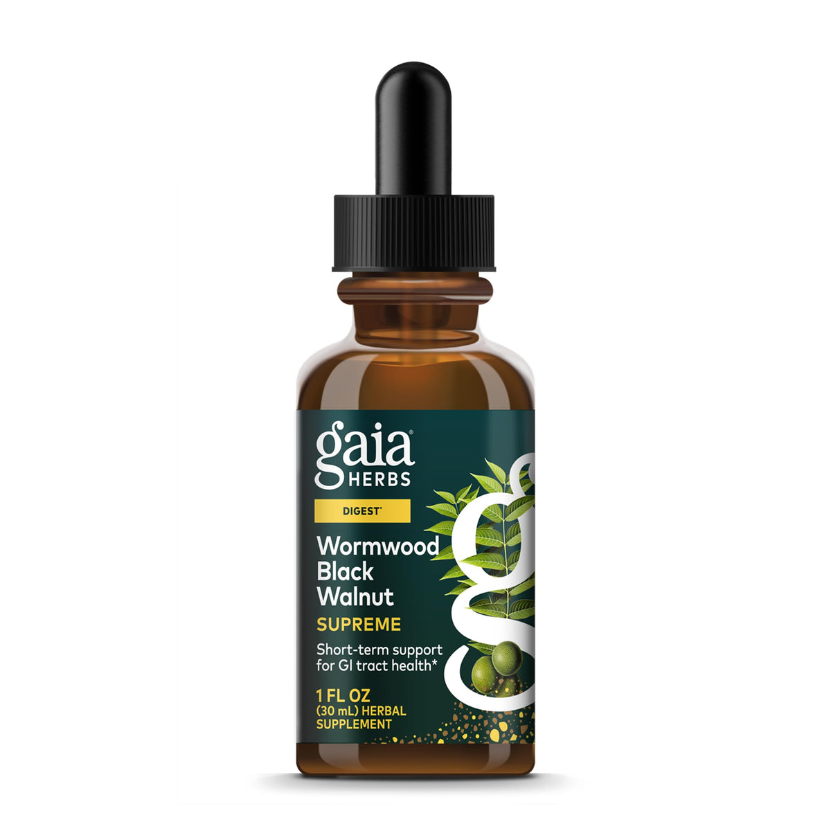 Gaia Herbs Wormwood Black Walnut Supreme bottle label highlights digestive support.