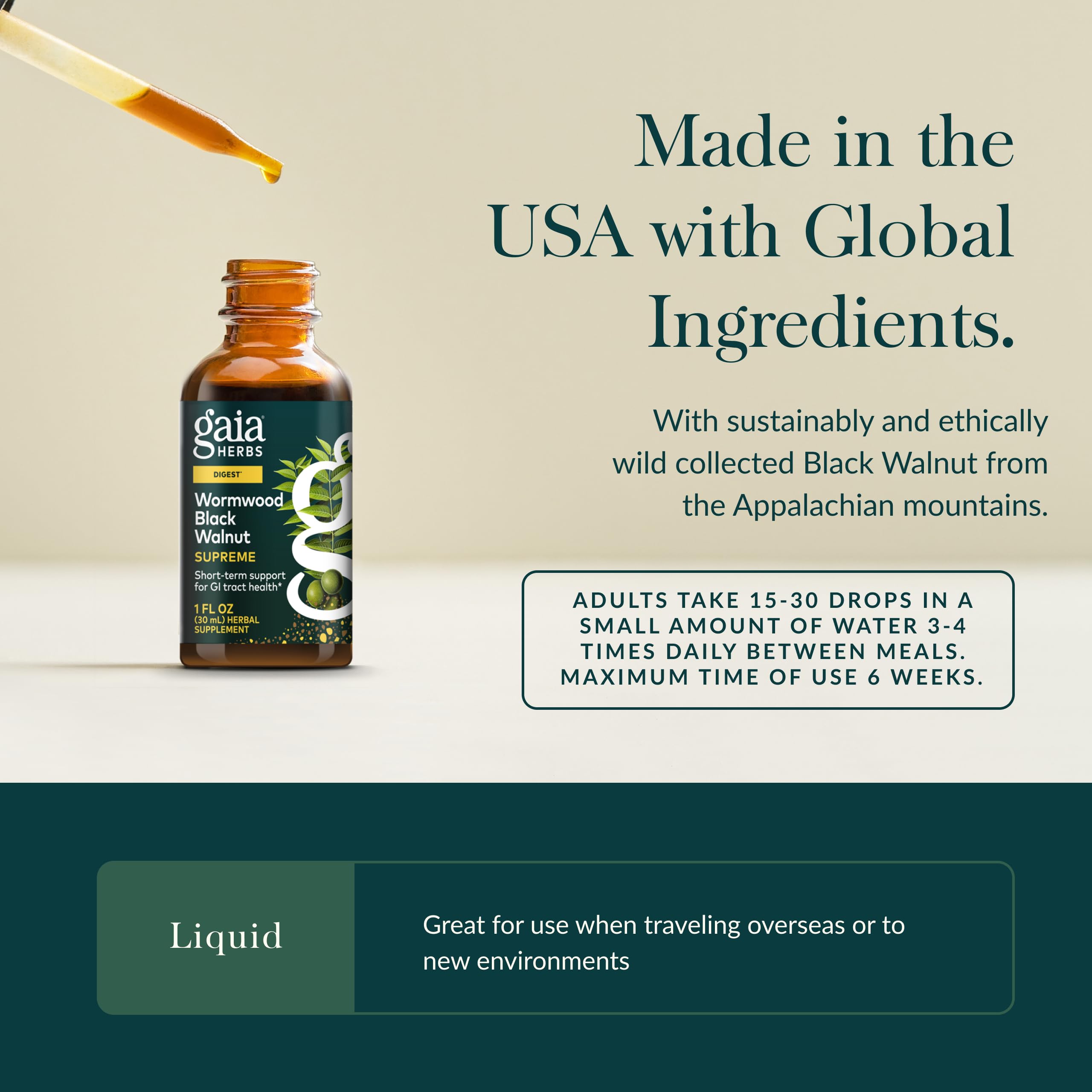 Pouring Gaia Herbs Wormwood Black Walnut Supreme extract demonstrates convenient dosage for digestive support.