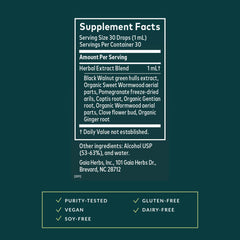 Close-up of Gaia Herbs Wormwood Black Walnut Supreme bottle showcasing herbal blend.