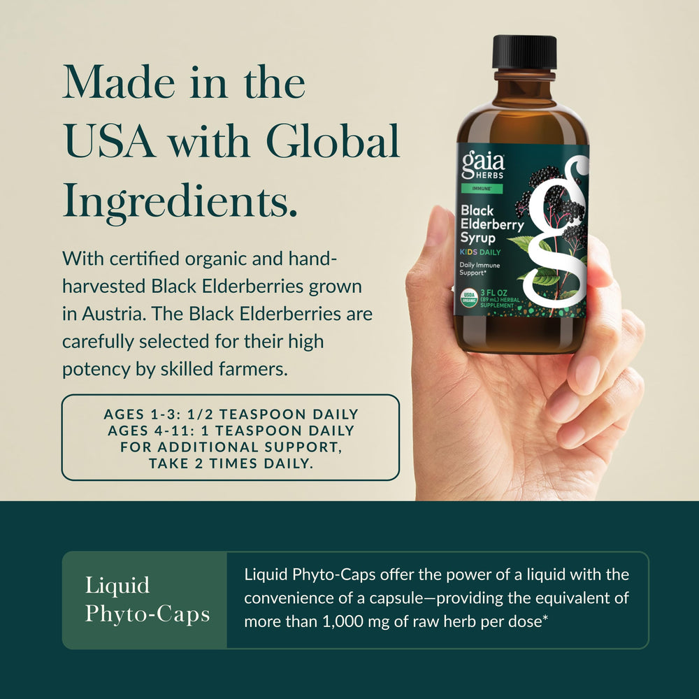 GaiaKids elderberry syrup amber bottle protects potency with UV-resistant packaging.