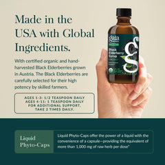 GaiaKids elderberry syrup amber bottle protects potency with UV-resistant packaging.