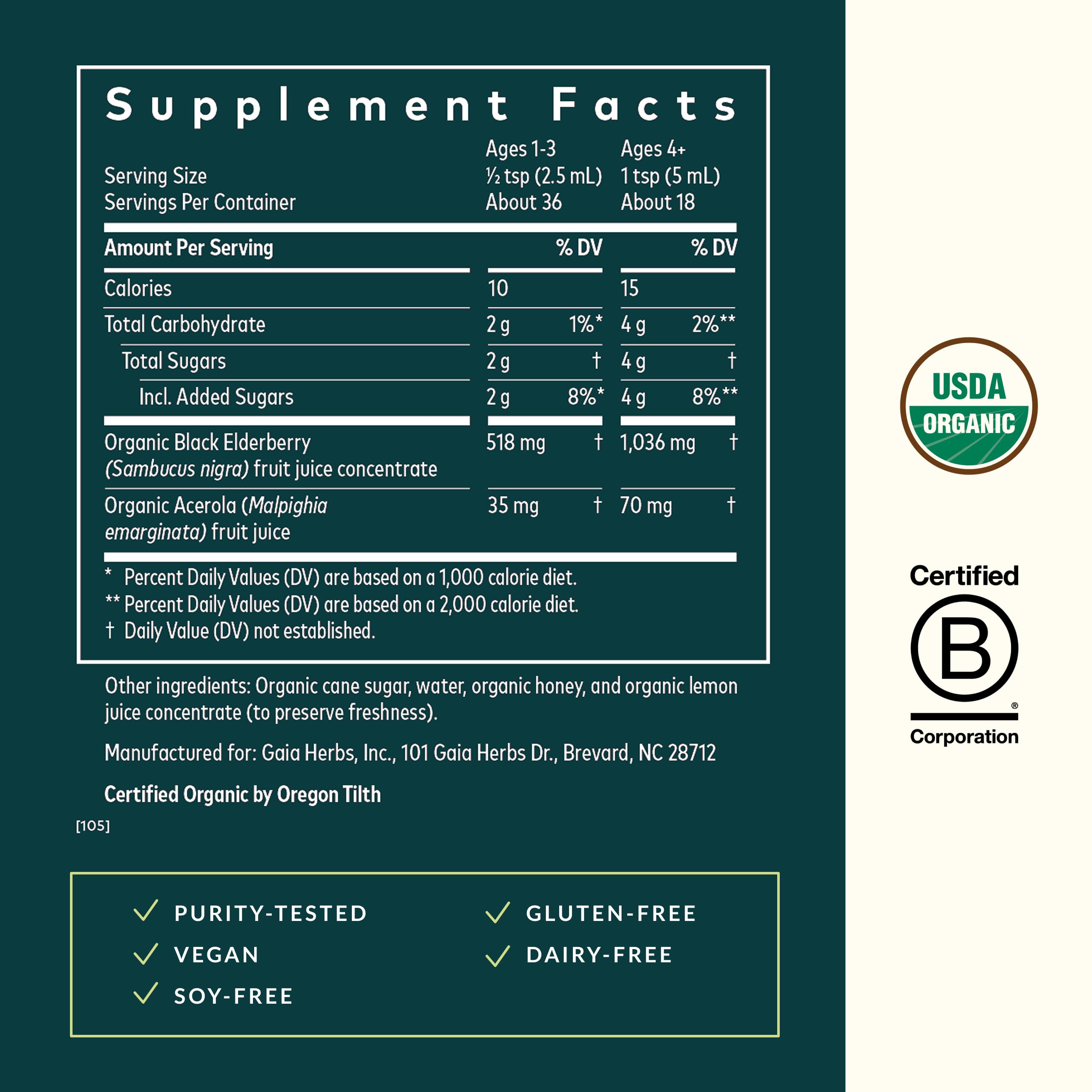 GaiaKids elderberry syrup label front shows organic certification and ingredients clearly.