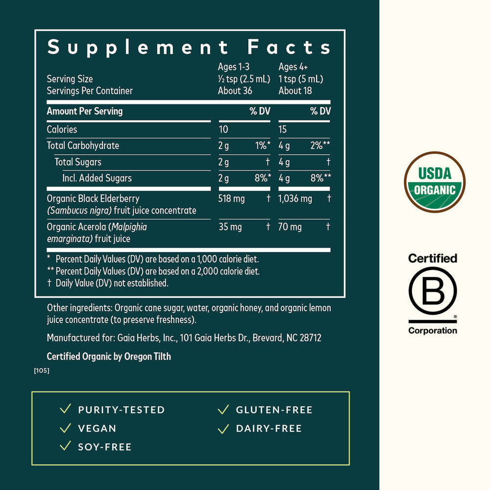 GaiaKids elderberry syrup label front shows organic certification and ingredients clearly.