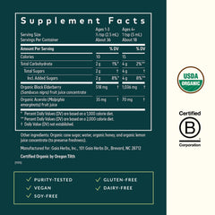 GaiaKids elderberry syrup label front shows organic certification and ingredients clearly.