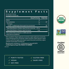 GaiaKids organic elderberry formula label closeup signals plant-based ingredients.