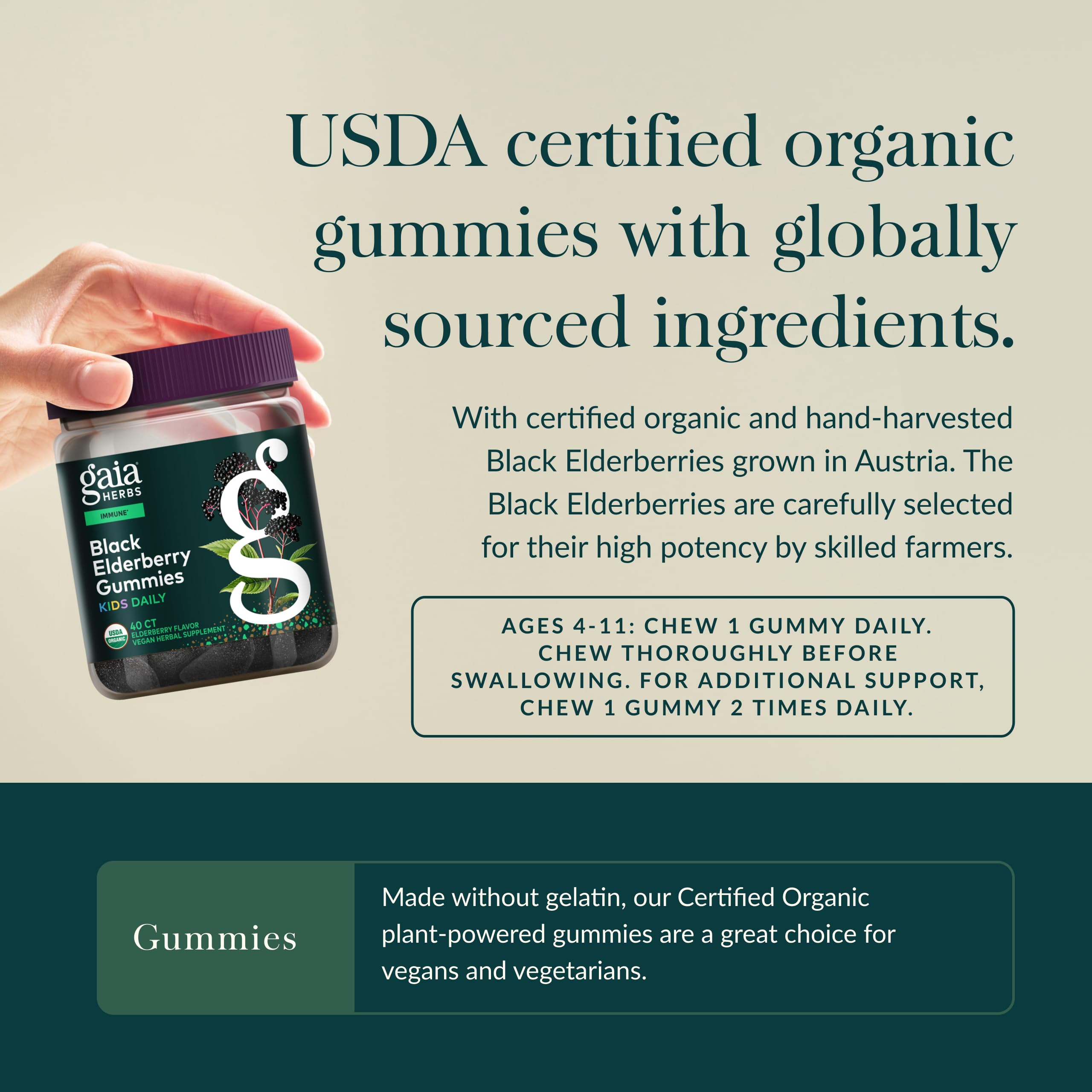 GaiaKids vegan gummies ingredients closeup highlights organic purity.