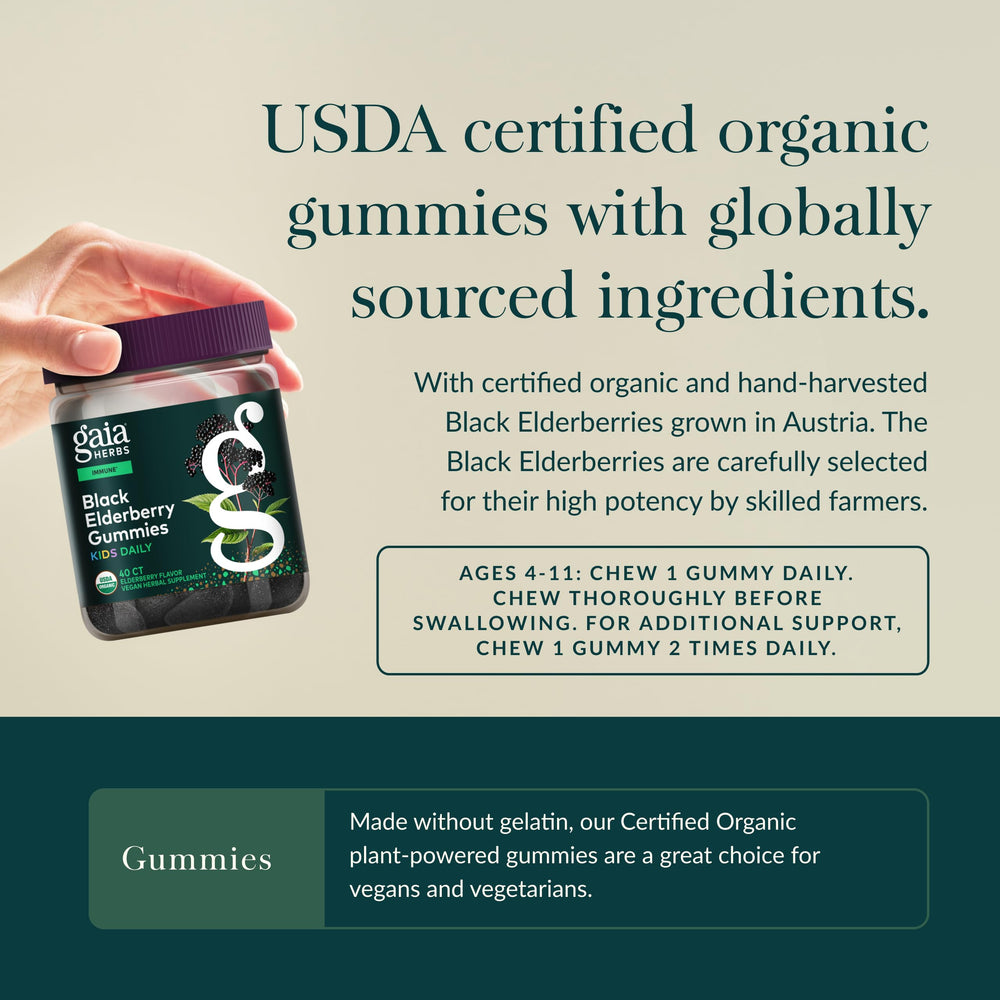 GaiaKids vegan gummies ingredients closeup highlights organic purity.
