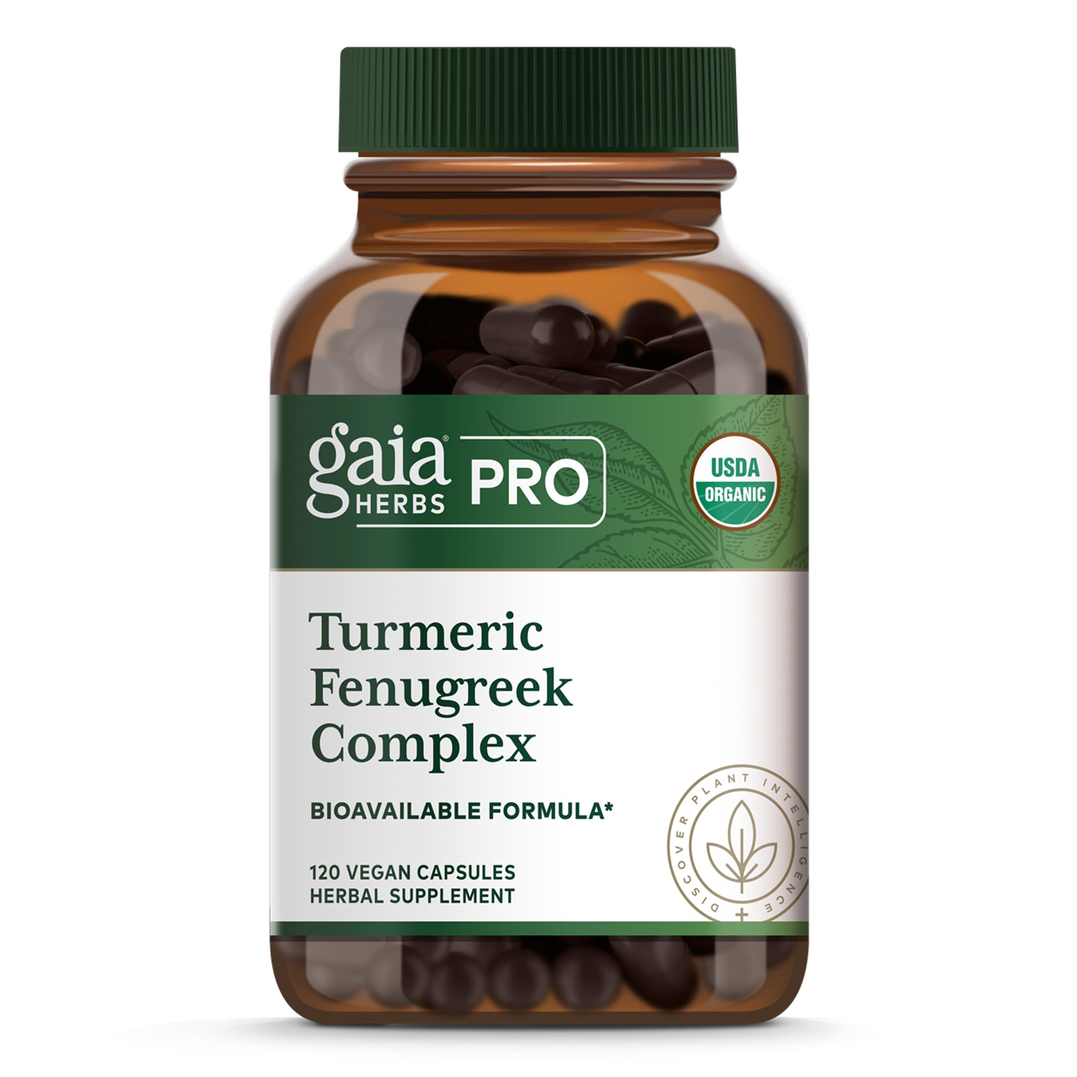 Gaia Herbs PRO Turmeric Fenugreek Complex bottle front, vegan capsules for daily wellness.
