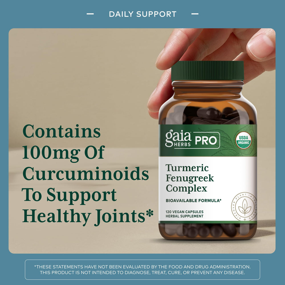 Organic turmeric and fenugreek blend in Gaia PRO capsules for everyday support.