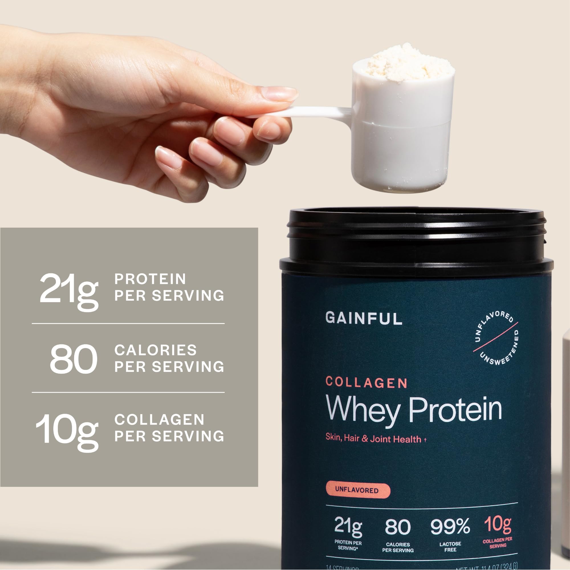 Gainful Collagen Whey Protein ingredients panel with vitamin C signals gut-friendly, skin-supporting blend.