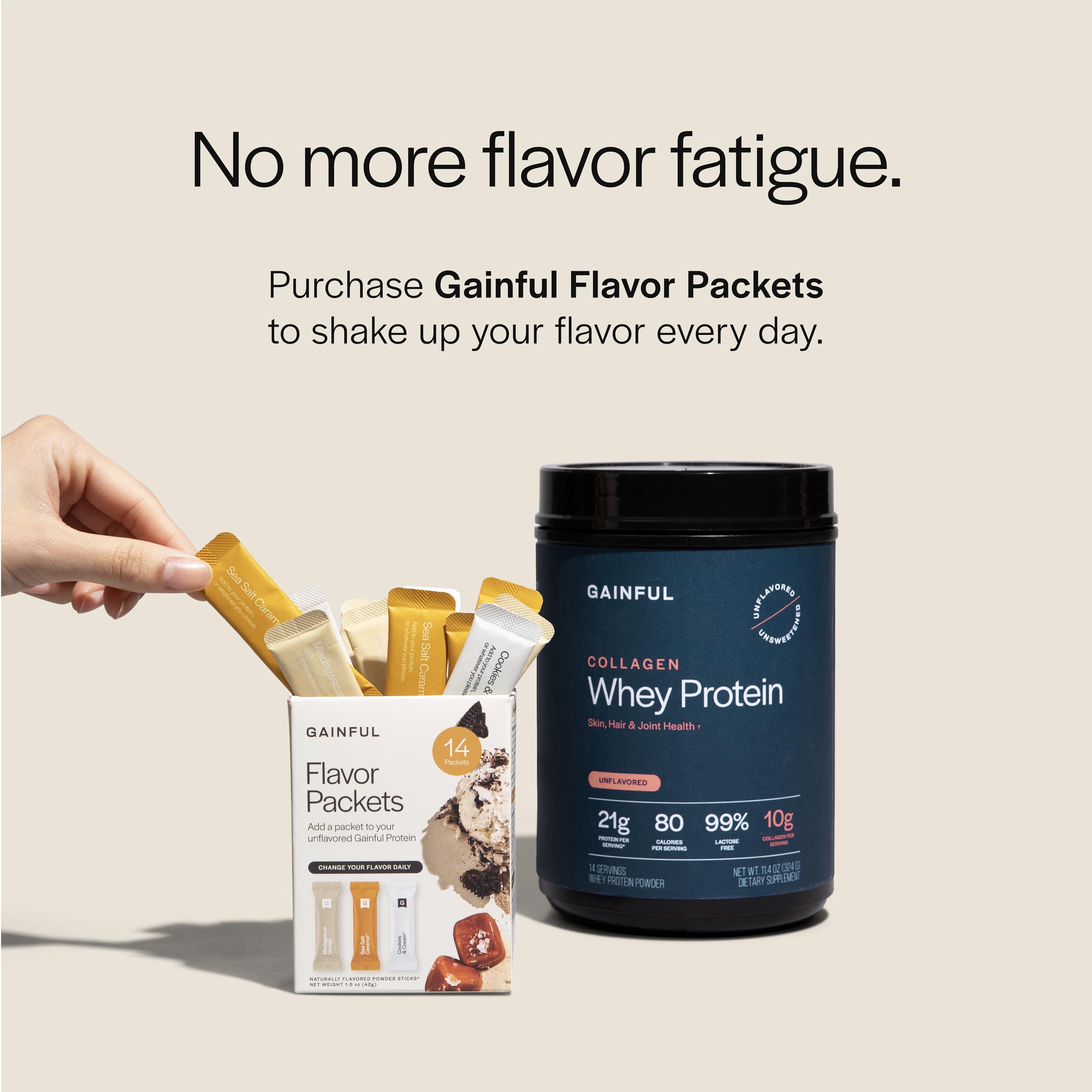 Gainful Collagen Whey Protein powder scoop shows 21g protein per serving.