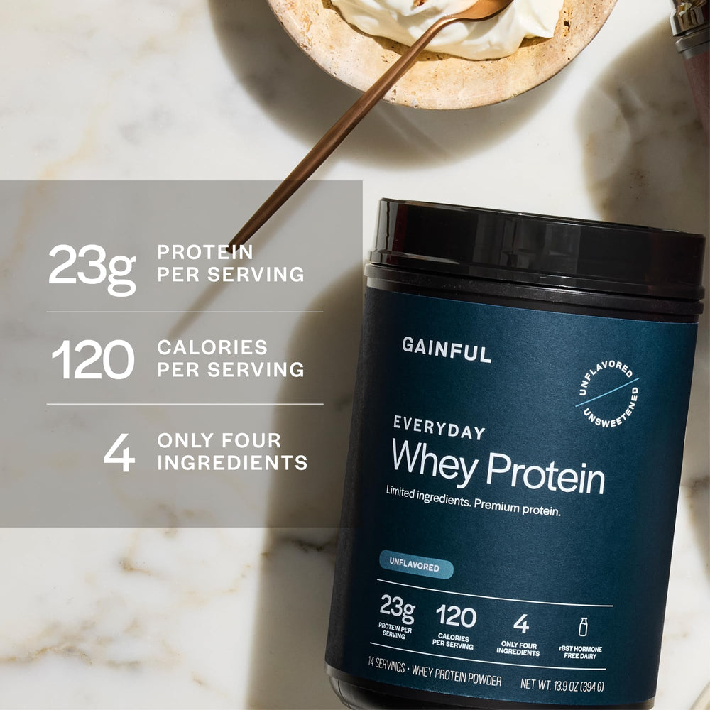 Close-up of label shows whey blend details.