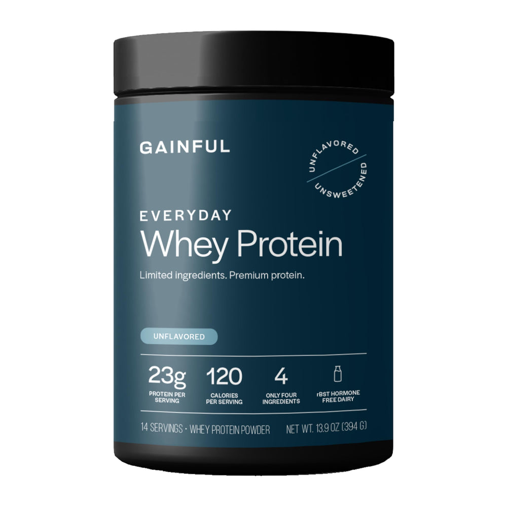 Gainful Everyday Whey Protein bottle on counter supports daily protein intake.