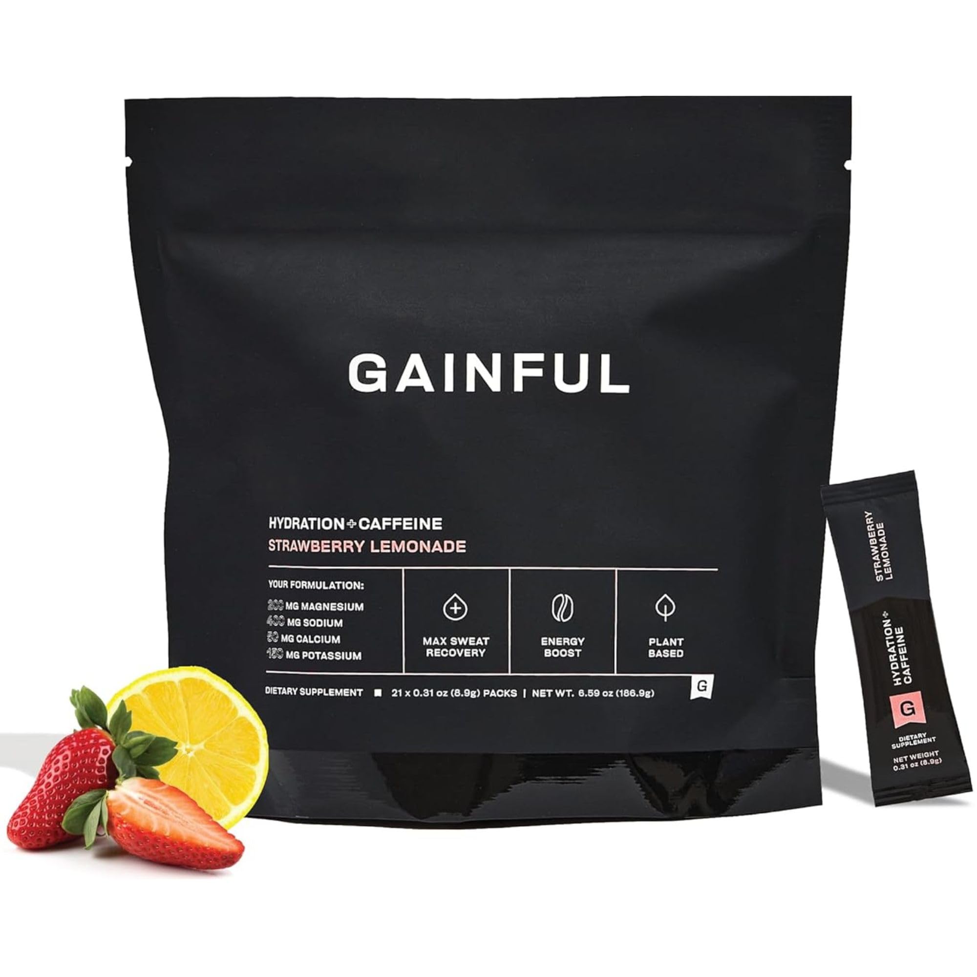Gainful Hydration caffeine packet strawberry lemonade front view for on-the-go energy.