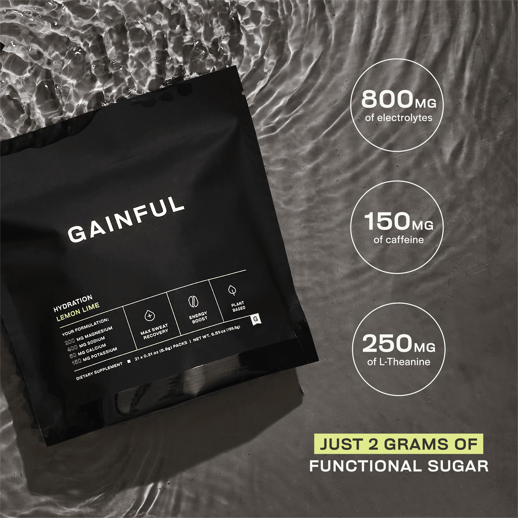 Gainful Hydration Caffeine Packets Lemon Lime dissolving in water for fast hydration activation