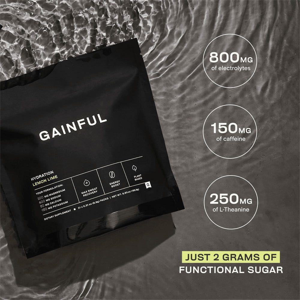 Gainful Hydration Caffeine Packets Lemon Lime dissolving in water for fast hydration activation