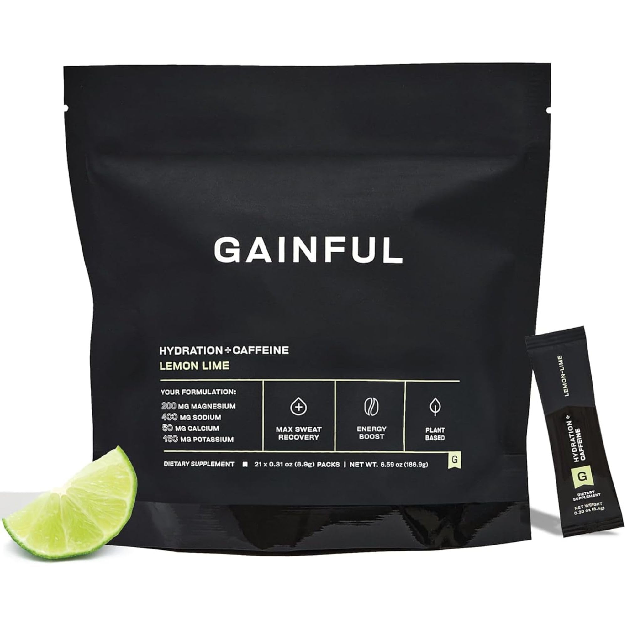 Gainful Hydration Caffeine Packets Lemon Lime front view showing on-the-go hydration option