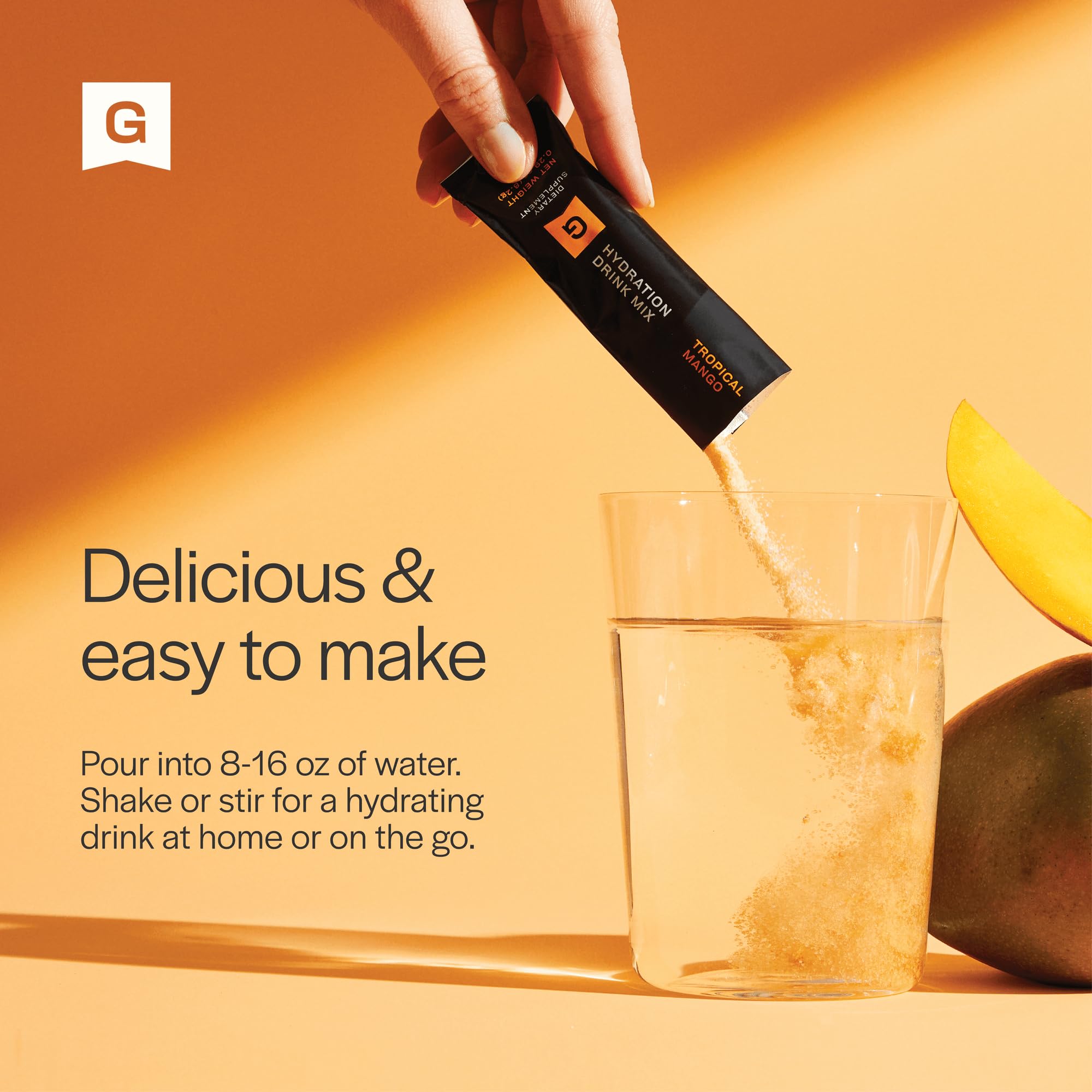 Gainful Hydration Packets Tropical Mango take-away pouch emphasizes portable hydration anytime