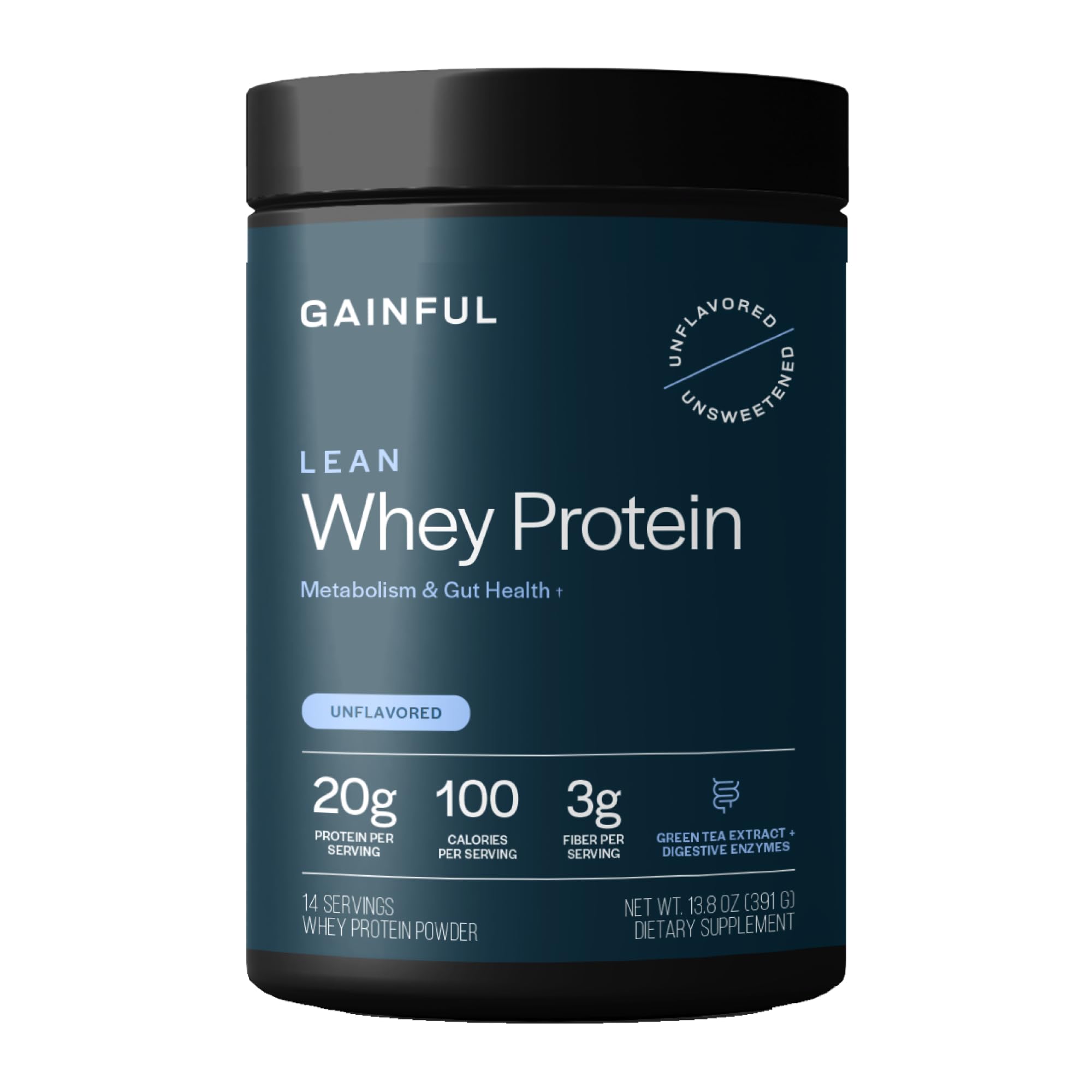 Gainful Lean Whey tub front view showing unflavored protein for versatile use.