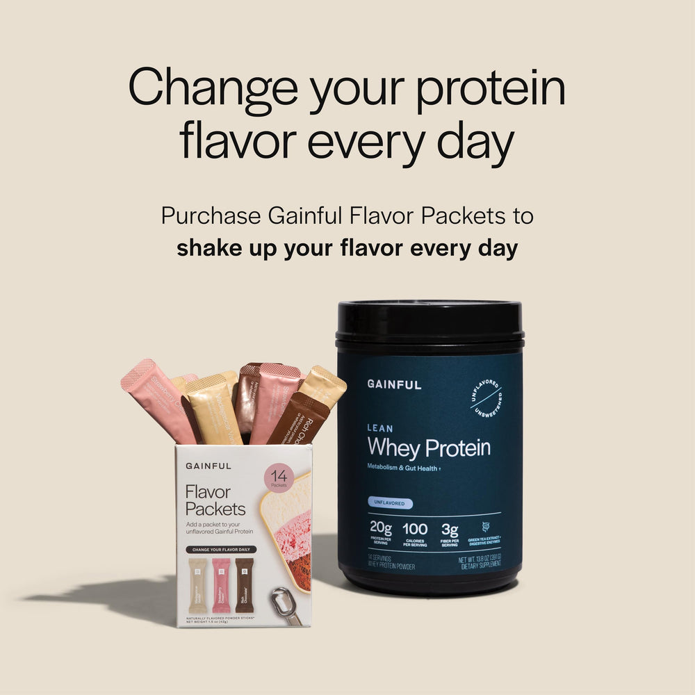 Gainful Lean Whey tub side angle highlighting label and 20g per serving.