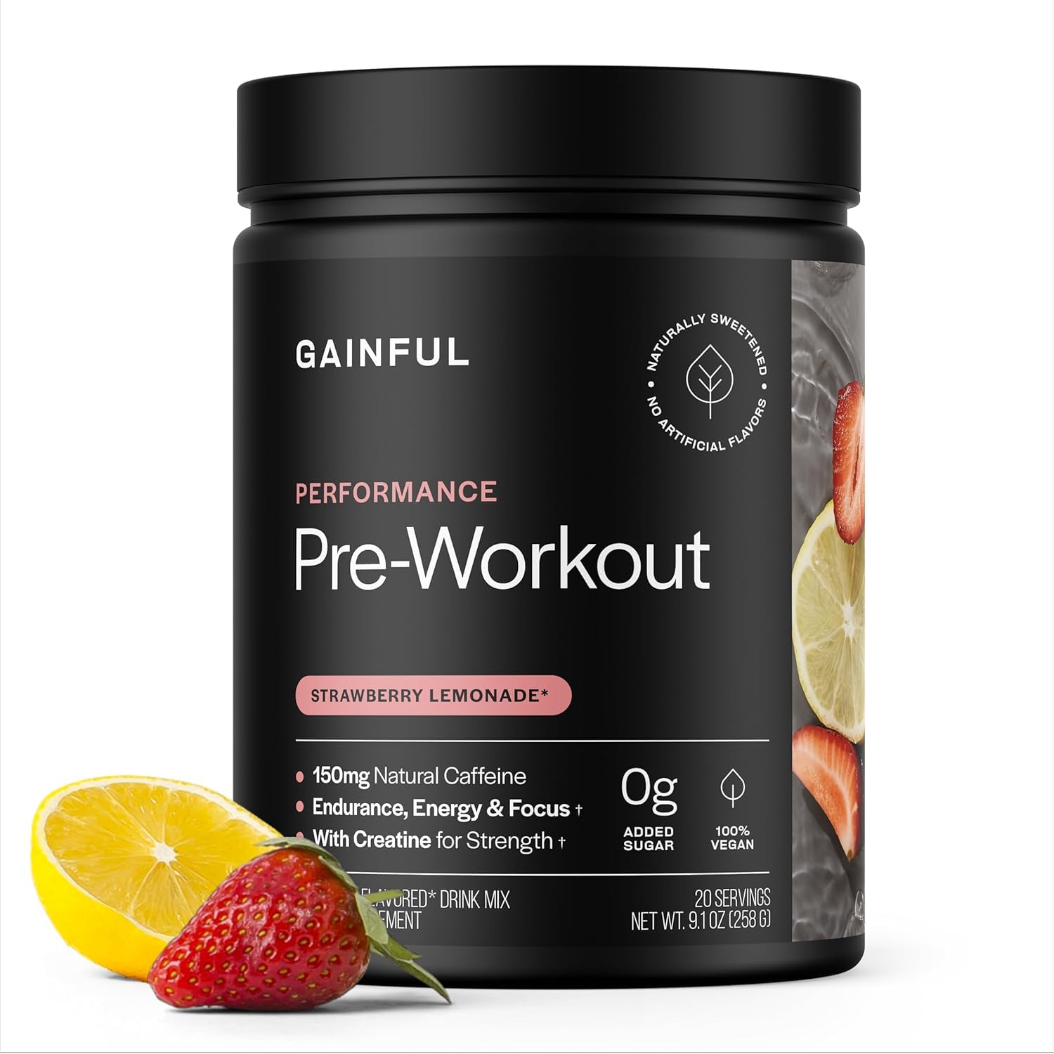 Gainful Performance Pre Workout tub with strawberry lemonade flavor for sustained energy before training.